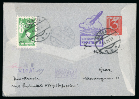 Stamp of Aerophilately » Rocketmail 1933 (16 Mar) F. Schmiedl Experimental Rocket V14 3gr stationery cover to Graz