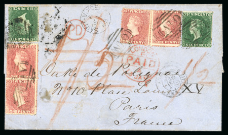 Stamp of St. Vincent 1865 (Dec 11) wrapper to France with 1861 1d rose-red vertical pair and two singles and two 1862 6d deep green