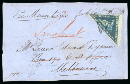 Stamp of South Africa » Cape of Good Hope 1861 4d deep blue, tied to front sent "Via Mauritius" to Australia