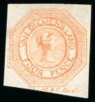 Stamp of Australia » Tasmania 1853 4d orange pl.1, second state, unused without gum, showing printer's inscription