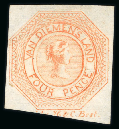 Stamp of Australia » Tasmania 1853 4d orange pl.1, second state, unused without gum, showing printer's inscription