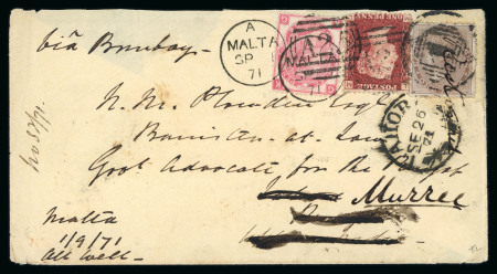 Stamp of India » 1855-1946 De La Rue and later Crown Colony Issues 1871 (Sep 1) envelope from Malta to India franked with GB 1867-73 3d rose pl.6 and 1d red pl.155 tied by "A24" duplexes