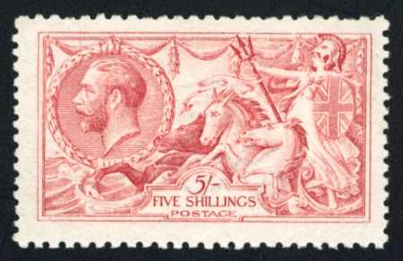 Stamp of Great Britain » King George V » 1913-19 Seahorse Issues 1915 De La Rue 5/- pale carmine mint, large part o.g.