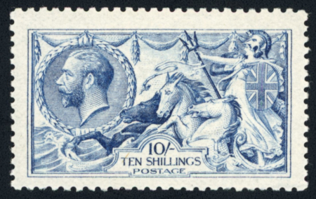 Stamp of Great Britain » King George V » 1913-19 Seahorse Issues 1915 De La Rue 10s deep blue (worn plate) mint