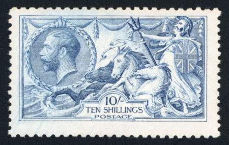 Stamp of Great Britain » King George V » 1913-19 Seahorse Issues 1915 De La Rue 10s pale blue mint, large part o.g.