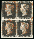 Stamp of Great Britain » 1840 1d Black and 1d Red plates 1a to 11 1840 1d black pl.4 GE/HF in block of four with clear to very large margins, red MC cancels