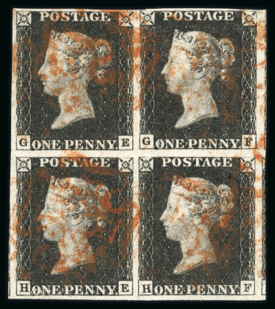 Stamp of Great Britain » 1840 1d Black and 1d Red plates 1a to 11 1840 1d black pl.4 GE/HF in block of four with clear to very large margins, red MC cancels