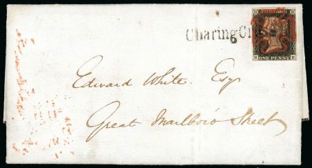 Stamp of Great Britain » 1840 1d Black and 1d Red plates 1a to 11 1840 (May 25) entire used in London with 1840 1d black pl.2 EE tied by red Maltese cross and CHARING CROSS straight line