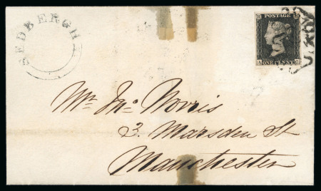 Stamp of Great Britain » 1840 1d Black and 1d Red plates 1a to 11 1840 1d black pl.5 AC, fine even margin on cover to Manchester tied two strikes of black MC