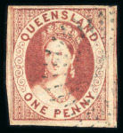 Stamp of Australia » Queensland 1d carmine-rose, very fine used example with wide margins all around, cancelled by multi dot