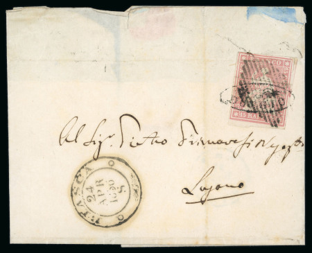 Stamp of Switzerland / Schweiz » Sitzende Helvetia Ungezähnt » 1854-55 Berner Druck (I) 24B auf Brief von Biasca nach Lugano mit seltener Doppelentwertung Raute-Strahlenstempel