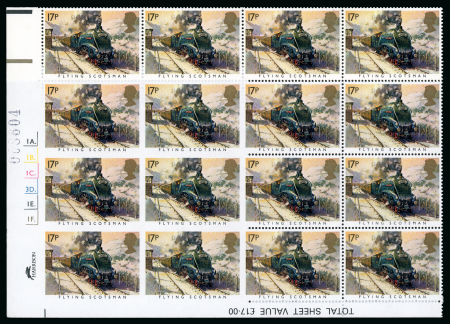Stamp of Great Britain » Queen Elizabeth II 1985 Famous Trains 17p mint n.h. "Traffic Light" block of 20 with the two lower left pairs variety imperforate