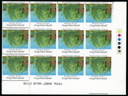 Stamp of Great Britain » Queen Elizabeth II 191985 Handel 17p mint n.h. "traffic Light" block of 12 with lower right pair variety imperforate