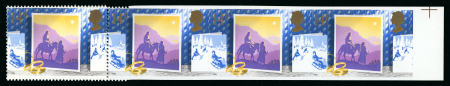 Stamp of Great Britain » Queen Elizabeth II 1988 Christmas 14p mint n.h. marginal strip of 5 from the right of the sheet, the right hand pair variety imperforate
