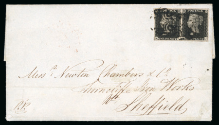 Stamp of Great Britain » 1840 1d Black and 1d Red plates 1a to 11 1840 1d black pl.10 MI-MJ in horizontal pair with good to large margins on entire to Sheffield