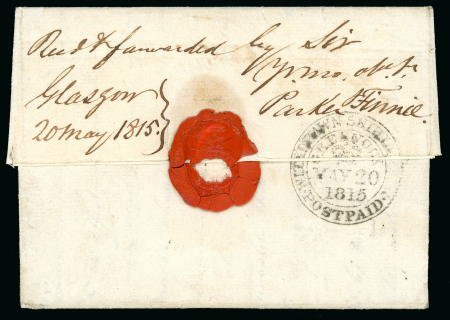 Stamp of Great Britain » Postal History » Pre-Adhesive & Stampless 1815 entire letter from London to Canada with "WITHDRAWNSHIP LETTER / GREENOCK / (CROWN)/POST PAID" hs