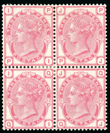 Stamp of Great Britain » 1855-1900 Surface Printed » 1880-83 Large Coloured Corner Letters, Wmk Imperial Crown 1880-83 3d. rose, Pl. 21, PI-QJ, mint block of four,