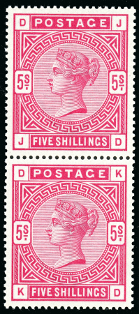 Stamp of Great Britain » 1855-1900 Surface Printed » 1883-84 & 1888 High Values 1883-84 5s crimson JD-KD mint n.h. vertical pair