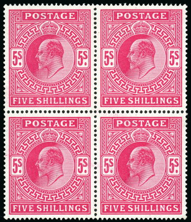 Stamp of Great Britain » King Edward VII » 1911-13 Somerset House Issues 1911-13 5/- carmine block of four; fresh mint. Scarce.
