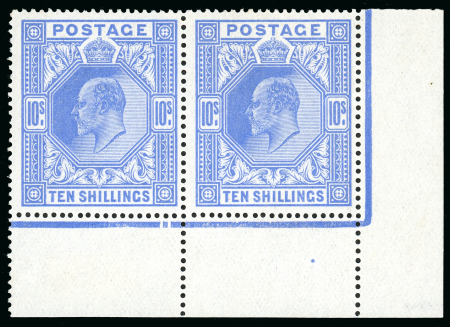 Stamp of Great Britain » King Edward VII » 1911-13 Somerset House Issues 1911-13 10s blue mint n.h. pair from the lower right corner of the sheet showing date cuts