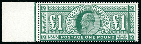 Stamp of Great Britain » King Edward VII » 1911-13 Somerset House Issues 1911-13 £1 deep green mint n.h. left marginal