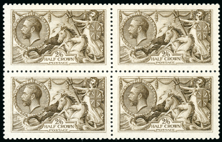 Stamp of Great Britain » King George V » 1913-19 Seahorse Issues 1915 De La Rue 2/6d. sepia (seal brown) mint block of four