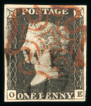 Stamp of Great Britain » Town Circular Datestamps 1840 1d black pl.3 OE with neat orange-red MC and partial "Newent / 117" mileage mark