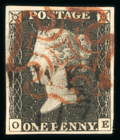 Stamp of Great Britain » Town Circular Datestamps 1840 1d black pl.3 OE with neat orange-red MC and partial "Newent / 117" mileage mark