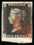 Stamp of Great Britain » 1840 1d Black and 1d Red plates 1a to 11 1840 1d black group of 5 fine four-margin examples, each showing a small degrees of marginal inscription