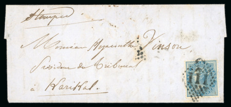 Stamp of India » Foreign Settlements in India » French Indian Settlements 1864 1/2a on small letter from Pondicherry to Karikal, perfectly tied by diamond of dots 111