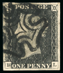 Stamp of Great Britain » 1840 1d Black and 1d Red plates 1a to 11 1840 1d black pl.1b collection on pages, 11 examples showing a re-entry, retouch, etc.