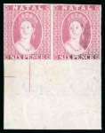 Stamp of South Africa » Natal 1863 6d lilac, proof, unused pair with full margin at bottom, mint with hinge remnants on both stamps; very attractive and of fresh appearance and colour, very scarce in this condition.