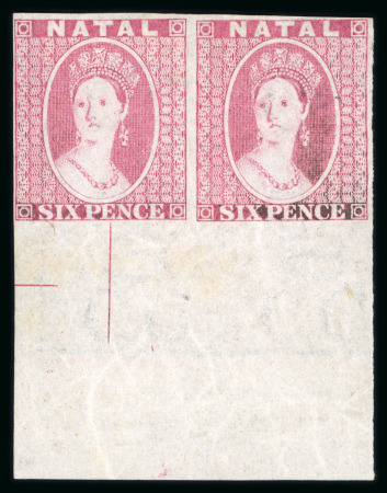 Stamp of South Africa » Natal 1863 6d lilac, proof, unused pair with full margin at bottom, mint with hinge remnants on both stamps; very attractive and of fresh appearance and colour, very scarce in this condition.