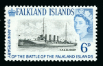 Stamp of Falkland Islands 1964 Battle of the Falklands 6d black and light blue showing the famous H.M.S. Glasgow error