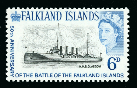 Stamp of Falkland Islands 1964 Battle of the Falklands 6d black and light blue showing the famous H.M.S. Glasgow error