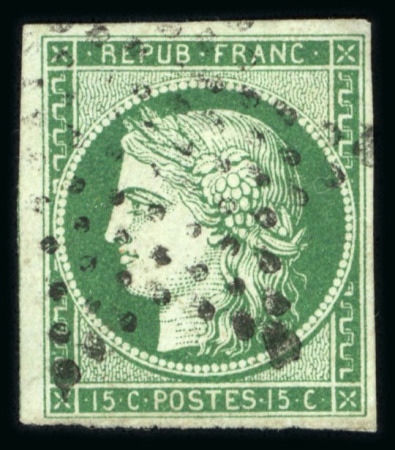 Stamp of France » Type Cérès de 1849-1850 1850, Y&T n° 2 oblitéré, Nuance vert-foncé. Signé Brun