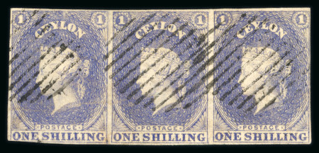 Stamp of Ceylon 1857 1sh slate-violet strip of three, used, obliterated by mute 12-bar cds