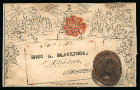 Stamp of Great Britain » 1840 Mulreadys & Caricatures » 1d Lettersheets and Envelopes 1840 (Nov 9) 1d Mulready lettersheet sent from Ipswich (Norfolk) beautifully handpainted showing two bronze coins