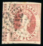 Stamp of Australia » Queensland 1860 1d carmine-rose, imperforate; very fine used, struck with dotted number cds, with very wide margins