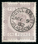 Stamp of Great Britain » 1855-1900 Surface Printed » 1867-83 High Values 1878 £1 brown-lilac, watermark Maltese Cross, plate 1, obliterated by centrally placed Glasgow cds