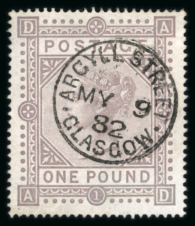 Stamp of Great Britain » 1855-1900 Surface Printed » 1867-83 High Values 1878 £1 brown-lilac, watermark Maltese Cross, plate 1, obliterated by centrally placed Glasgow cds