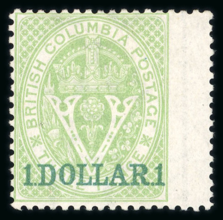 Stamp of Canada » British Columbia and Vancouver 1868 $1 green unissued stamp, perf. 14, unused without gum, very fresh and attractive