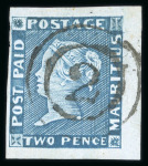 Stamp of Mauritius » 1848-59 Post Paid Issue » Early Impressions (SG 6-9) 1854 2d blue early impression, pos.3, close to huge margins, with superb strike of the "2" numeral