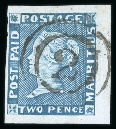Stamp of Mauritius » 1848-59 Post Paid Issue » Early Impressions (SG 6-9) 1854 2d blue early impression, pos.3, close to huge margins, with superb strike of the "2" numeral