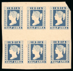 Stamp of India » 1854 Lithographs 1894 1/2a dark blue with "SPECIMEN" on reverse spaced out with letter on each stamp, in block of six
