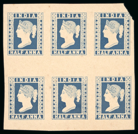 Stamp of India » 1854 Lithographs 1894 1/2a dark blue with "SPECIMEN" on reverse spaced out with letter on each stamp, in block of six