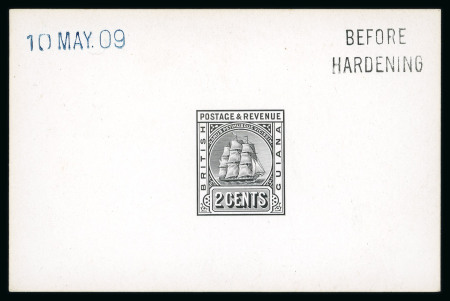 Stamp of British Guiana 1910 2c (redrawn) De La Rue die proof in black on white glazed card
