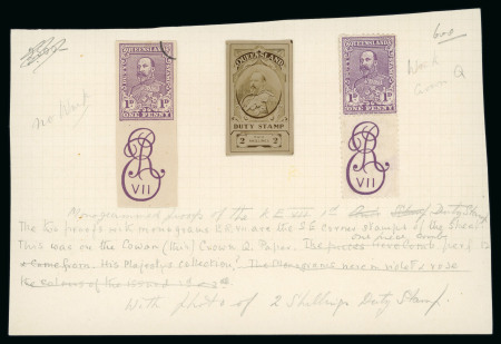 Stamp of Australia » Queensland Two monogrammed proofs of the KEVII 1d duty stamp in purple with bottom margins with monogram