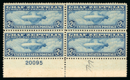 Stamp of United States » 1919 Issues onwards 1930 airmail Zeppelin 65c, $1.30, $2.60, complete set in blocks of four, with bottom margins