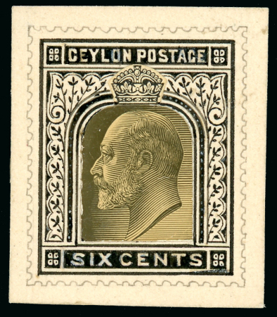 Stamp of Ceylon 1902 6d. hand painted stamp size paste up Essay using